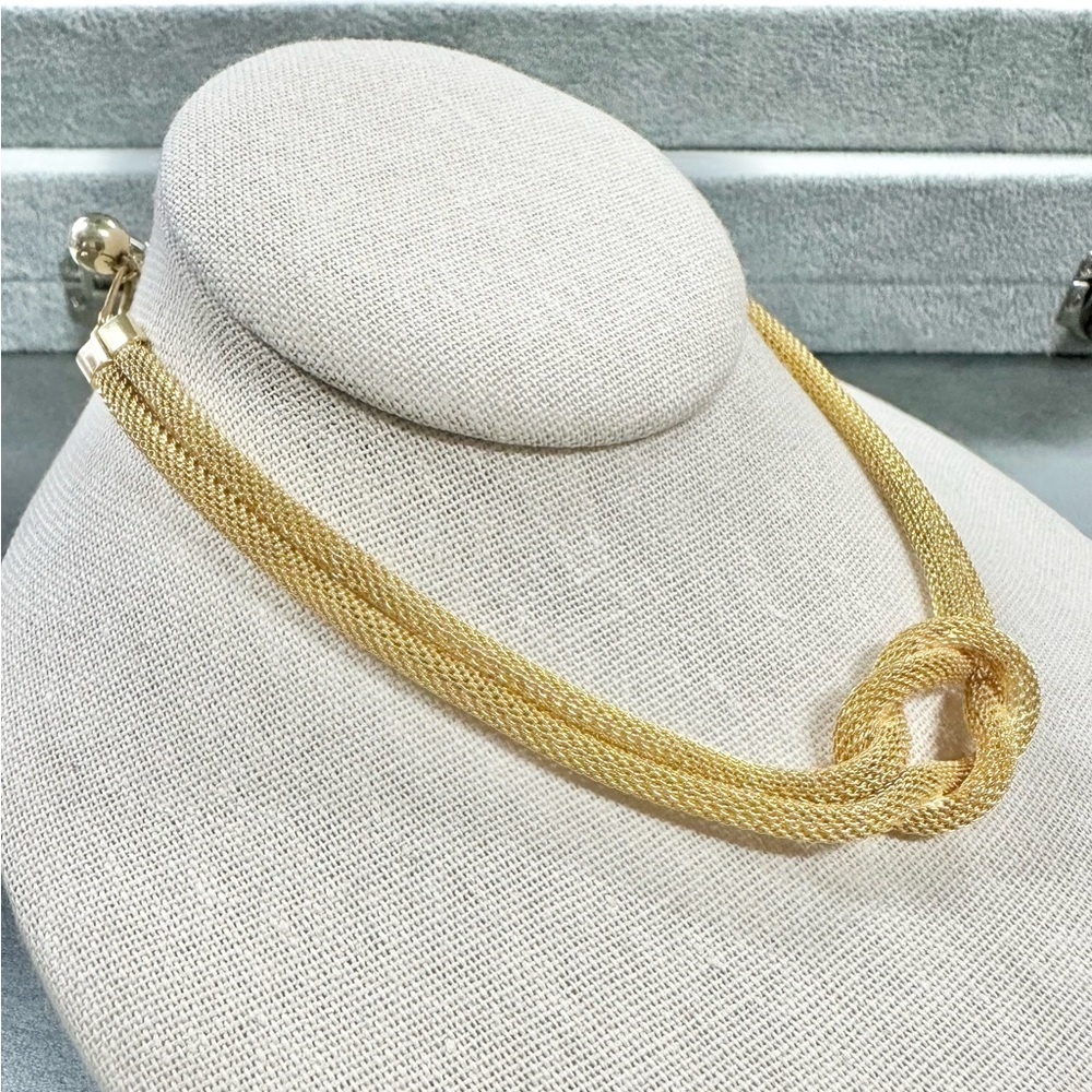 Vintage Gold Tone Mesh Double Chain Knott Choker Necklace - Picture 2 of 3